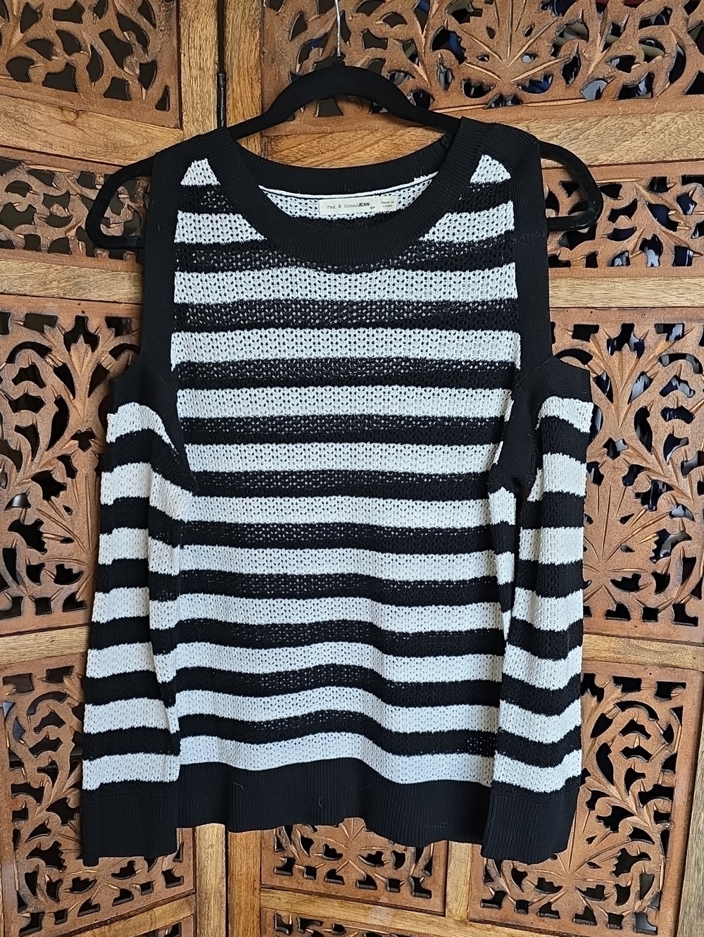 rag & bone Black and White Striped Open-Knit Sweater